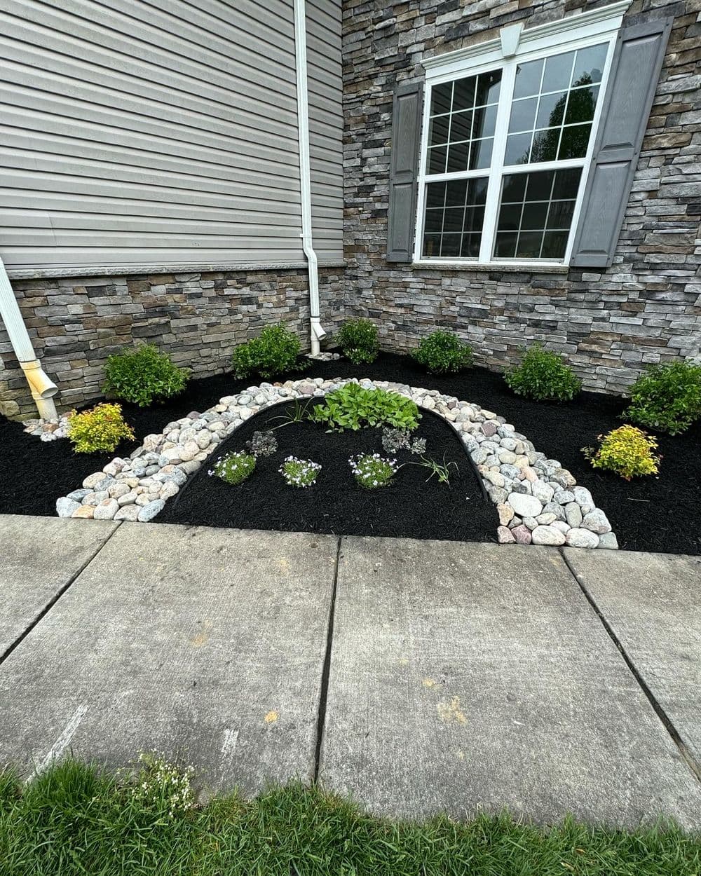 Colorful rock garden with various plants and flowers, bordered by stone and mulch near a home.