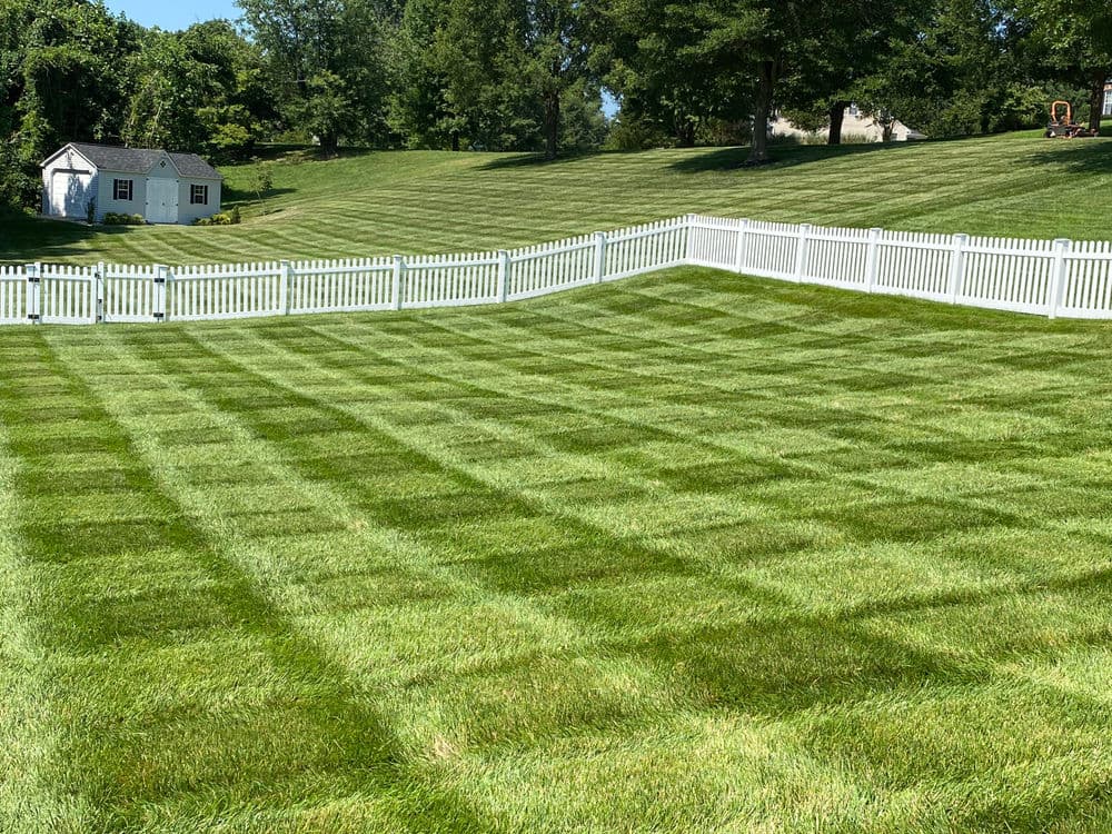 Well-manicured lawn with checkerboard pattern and white picket fence in scenic landscape.